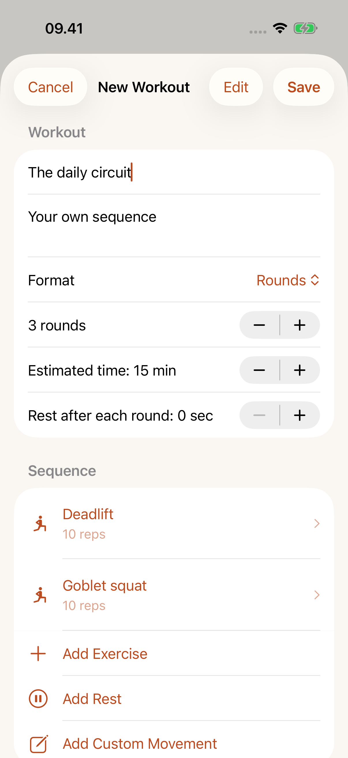 Personal workout editor with selected kettlebell exercises