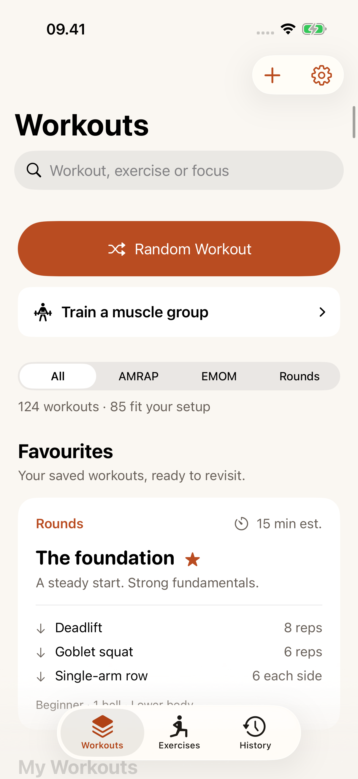 Complexer’s Workouts page with Random Workout, muscle-group browsing and favourites